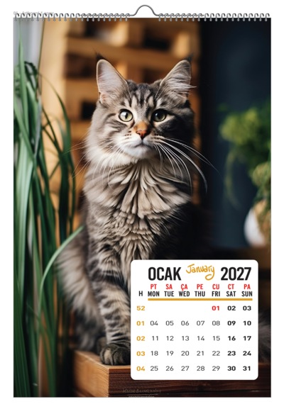2027 Kedi Duvar Takvimi 33x48 Cm Ebat-12 Sayfa Beyaz