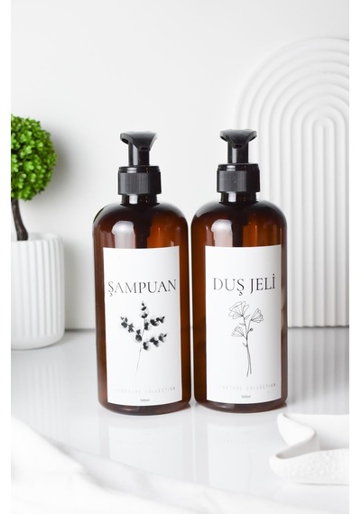 Lalezen Home Çiçekli Şampuan Ve Duş Jeli Etiketli Amber Sert Plastik Şişe 500 Ml
