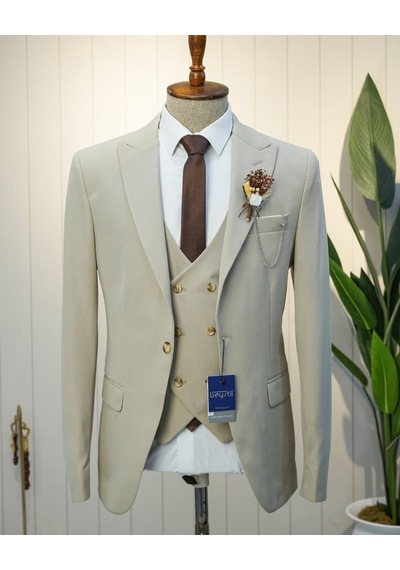 Beystil Sivri Yaka Krem Takım Elbise Petek04 -slim Fit Krem