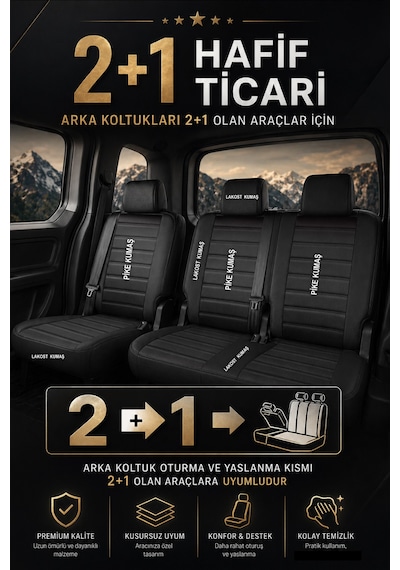 Speed Serisi Pike Kumaş Ticari 2+1 Oto Koltuk Kılıfı - Doblo-caddy-berlingo-dokker-courier-kangoo Uyumlu Siyah