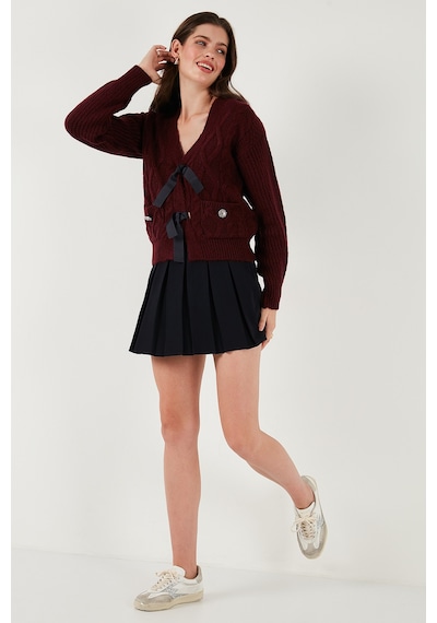 Lela Premium Regular Fit V Yaka Fiyonk Bağlama Detaylı Örgü Desenli Triko Bayan Hırka 680Kz1947 Bordo