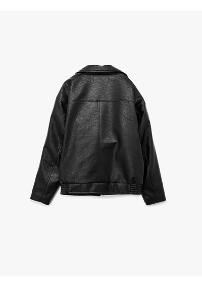 Koton Slim Fit Uzun Kollu Fermuarlı Gömlek Yaka Suni Deri Ceket Siyah 6wam20162hw Siyah