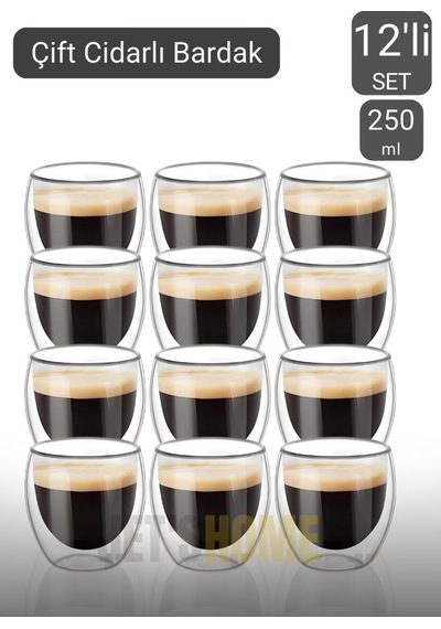 12 Li Set Cappuccino Bardağı Latte Bardağı Çift Cidarlı Bardak Americano Bardağı 250 Ml Kahve Bardak Şeffaf