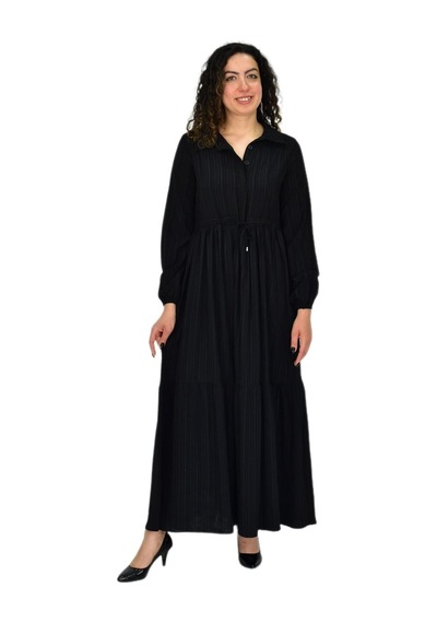 Wearon Kadın Uzun Kol Lastikli Kabartma Çizgili Elbise Bgl-st04676 siyah