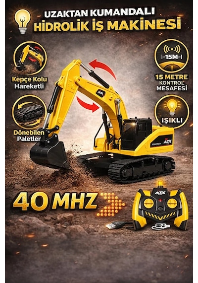 Uzaktan Kumandalı Işıklı Şarjlı 40 Mhz 15 M Kontrol Metal Uçlu Çok Fonksiyonlu Oyuncak Ekskavatör Karışık