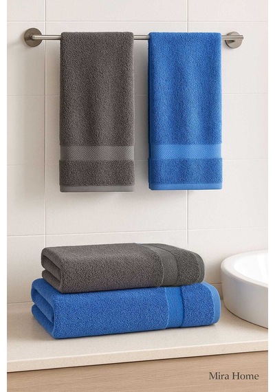 4 Parça Banyo Havlu Takımı %100 Pamuklu Dry Antrasit Mavi Renkli