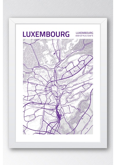 Lüksemburg Luxembourg Şehir Haritası Çerçeveli Tablo Lüks Salon Ofis Duvar Dekorasyonu Tablo Beyaz