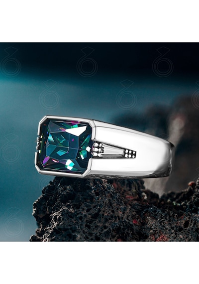 925 Ayar Gümüş Baget Mistik Topaz Taşlı Erkek Yüzük Gümüş