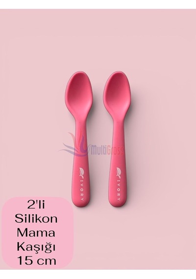 2'li Silikon Mama Kaşığı 15 Cm, Koyu Pembe Çok Renkli