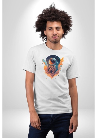 Bulutlar Astronot Uzay Unisex Unisex Beyaz Organik Baskılı T-shirt Penye Yüksek Kalite Beyaz