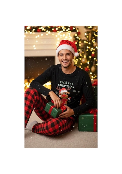 Siyah İnci Erkek Ekose Merry Christmas Baskılı Yılbaşı Temalı Örme Pijama Takım 7969 Kırmızı Ekose