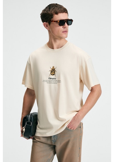 Grimelange BOLD Erkek %100 Pamuk Oversize Fit Baskılı Kısa Kollu Yuvarlak Yakalı Vanilya T-Shirt