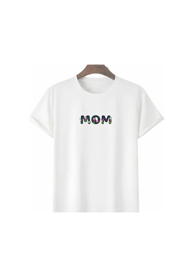 Anneler Günü Hediye Mom Çiçek Baskılı Oversize Bisiklet Yaka T-shirt - Beyaz