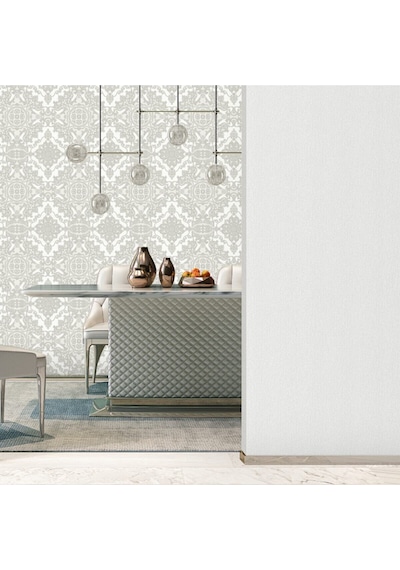 Royal Weave Design Wallpaper - Damask Desenli Rococo 1301-1/15, Beyaz 1.06x15.6 M - 16.5 M² Beyaz