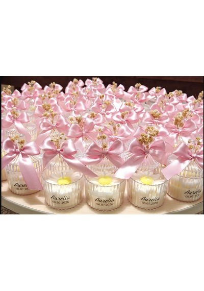 Papatya Desenli Mika Kutulu İsimli Mum Hediyelik Nikah, Nişan & Baby Shower 20 Adet