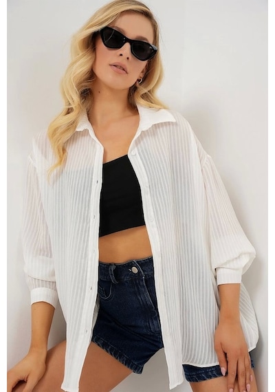 Defymoda Uzun Oversize Gömlek 20320 - Beyaz Beyaz