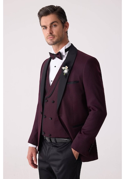 Ysf Erkek Mürdüm Çıkma Şal Yaka Slim Fit Damatlık