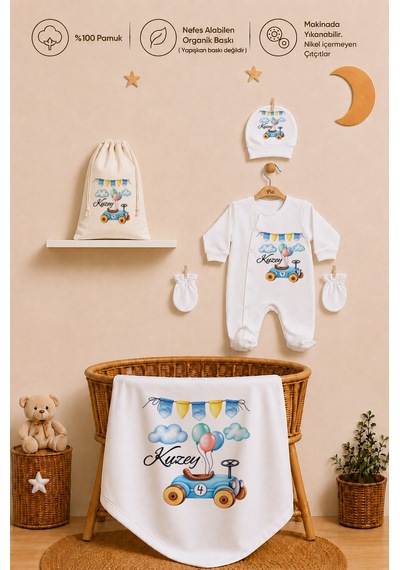 Pia Baby İsme Özel Hastane Çıkışı %100 Pamuk Erkek Bebek Organik Baskılı Tulum Set Keseli Hediyelik 2071tybk0x Krem