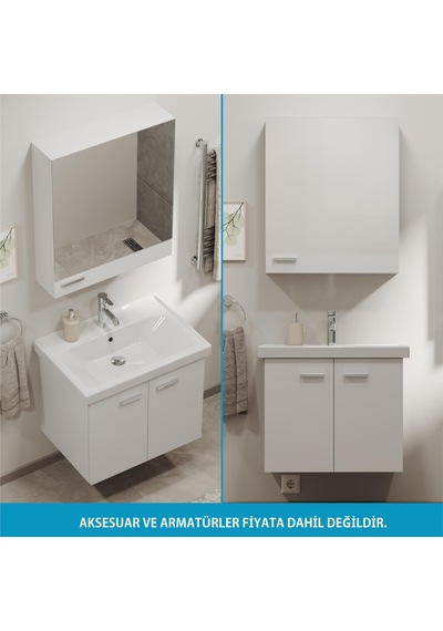Aqua Bagno Basic Alt Dolap + Üst Dolap -lavabo 65 Cm.- Beyaz