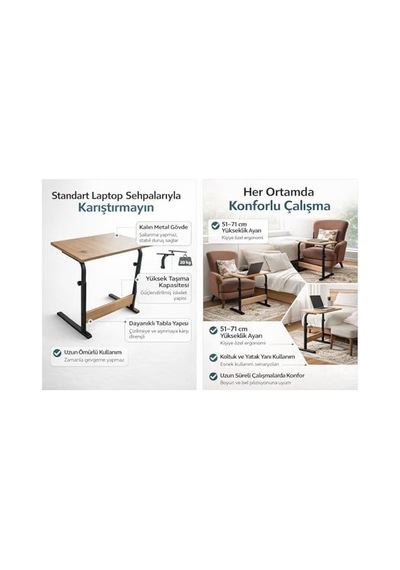 Sağlam Metal Gövdeli Laptop Sehpası 60x40 Cm Yükseklik Ayarlı, Stabil Ve Ergonomik Çalışma Masası Ceviz