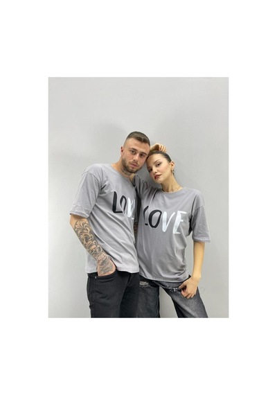 Flood Of Style Unisex Tshirt Gri Love Baskılı Sevgili Çift Kombini 2 'li Set