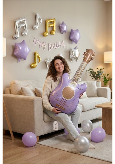 Retro Mat Lila Gitar Folyo Balon 46x89 Cm Müzik Temalı Doğum Günü Parti Süsü Çok Renkli
