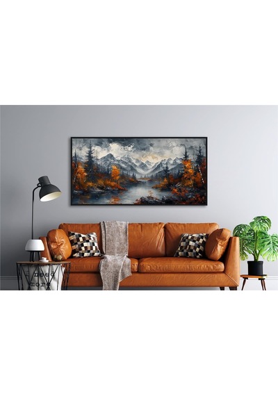 Yağlı Boya Dokulu Tablo Modern Karlı Doğan Manzarası Siyah Çerçeveli U06021-178986