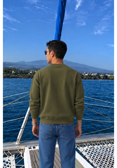 Tarz Cool Erkek Organik Pamuklu Yumuşacık Baskı Detaylı Bisiklet Yaka İçi Polarlı Sweatshirt Haki