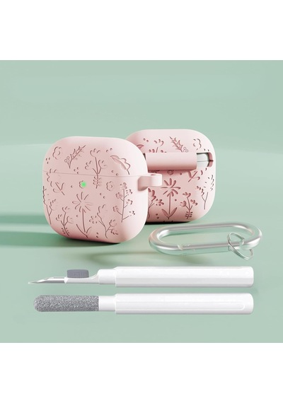 Airpods 4. Nesil Uyumlu Çiçek İşlemeli Premium Silikon Kulaklık Kılıfı Ve 3'ü 1 Arada Bluetooth Kulaklık Temizleme Kalemi Seti Pembe