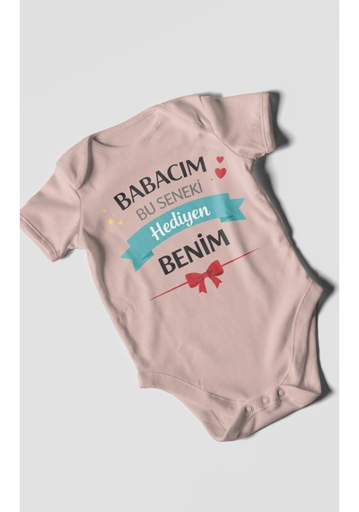 Morivokids Babacım Bu Seneki Hediyen Benim Kısa Kollu Bebek Body %100 Pamuk Pastel Pembe
