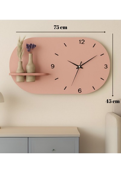 Modern Tasarım Raflı Nera Duvar Saati 75x45 Somon