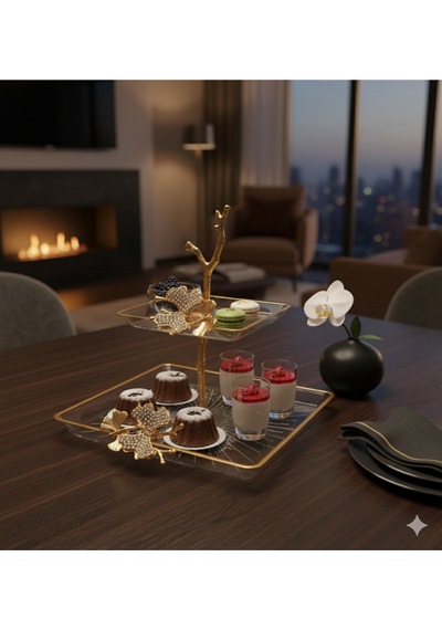 Çnr Home Collection 2 Katkli Döküm Aksesuarli Yaldiz Detayli Kare Servis Tabaği Sunumluk Kurabiyelik Altin