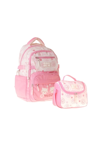 Calacilo Kız Çocuk İlkokul Sırt Çantası Ve Beslenme Seti - Kedi Baskılı Pembe Setcc-c4038b Pembe - Krem