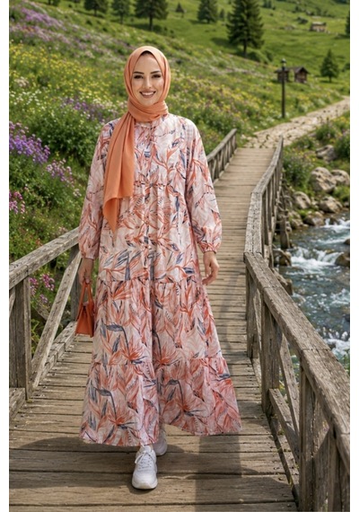 Hb Harma Time Butik Kadın Düğmeli Modal Kumaş Desenli Kırmızı Elbise Kırmızı Kırmızı