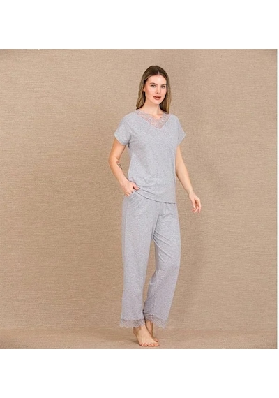 Ang Butik Kadın Viskon Şık Tasarım Dantel İşlemeli Gri Kısa Kol Pijama Takımı