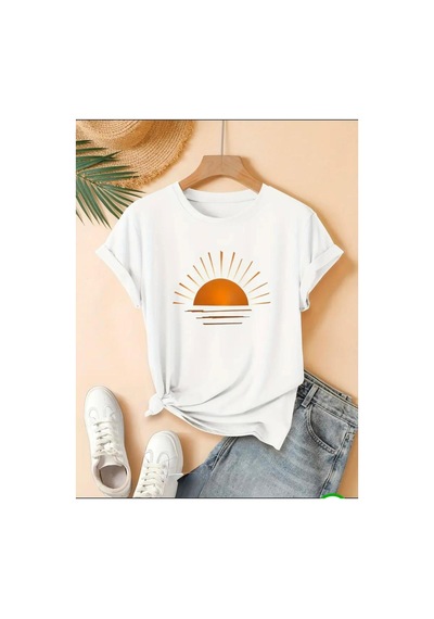 Medinenur Güneş Baskılı Basic T-shirt Beyaz