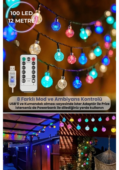 Technosmart 100 Ledli Usbli Kumandalı 8 Modlu Kristal Toplu Işık Parti Süsleme Organizasyon RGB