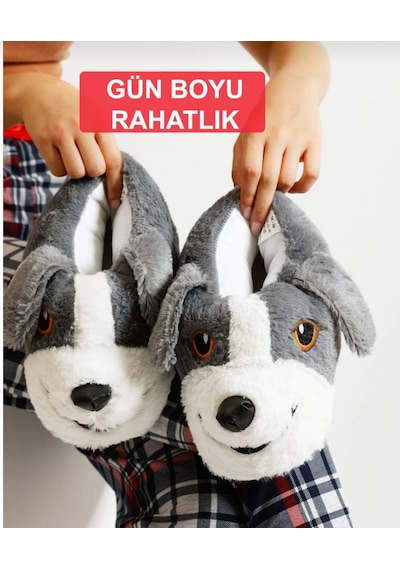 Papucumun Dünyası Unisex Yumuşak Taban Sevimli Köpek Panduf Yetişkin Ve Çocuk Kız Ve Erkek Panduf Gri