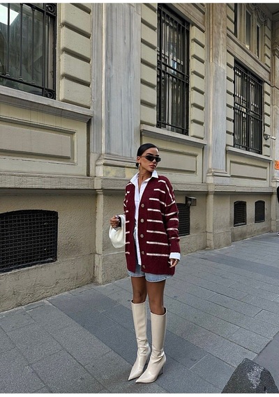 Lymens Rahatlık Ve Şıklıkta Sınır Tanımayan Çizgili Oversize Akrilik Hırka Bordo