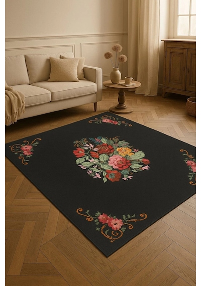 Çiçek Motifli Modern Halı Dekoratif Kilim Siyah