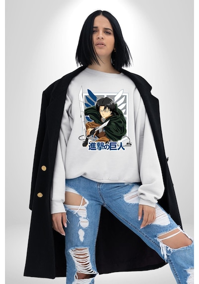 Anime Levi Ackerman Beyaz Ve Siyah Kanatlar Unisex Beyaz Sweatshirt Beyaz