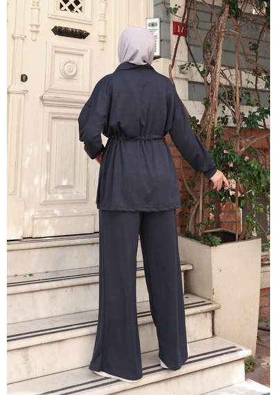 Balenbi Kadın Oversize Kesim Fermuarlı Yaka Bel Stoperli Modal Takım 1234 Füme
