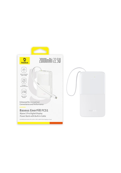Baseus Enerfill Bipow2 Pro 20000mah Dahili Usb-c Kablolu, 22,5 W Hızlı Şarjlı, Led Ekranlı Powerbank, Beyaz Beyaz