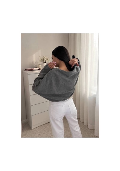 Flex Fashıon Kadın Sokak Modası Akrilik Crop Triko Hırka Füme Koyu Gri Füme - 928384069 Füme - 928384069 Füme