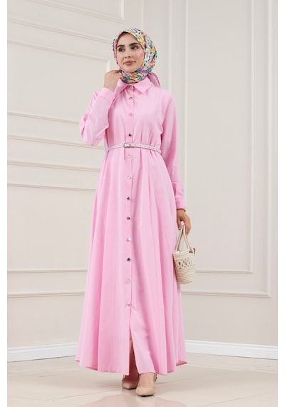 Sevitli Gömlek Yaka Kemerli Berra Elbise-pembe-5884