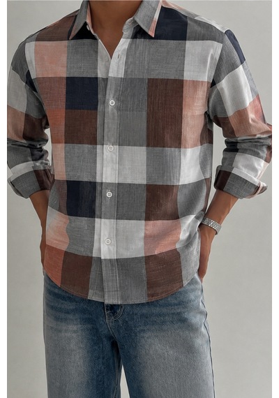 Cool Tarz Erkek Ekose Desenli Oxford Regular Fit Uzun Kollu Gömlek Gri Gri