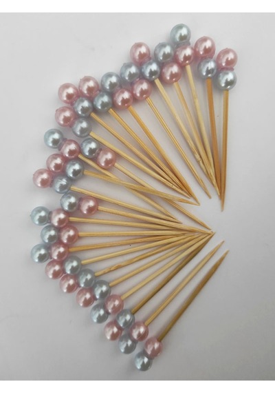 100 Adet Dekoratif Pembe Mavi Çift İncili Pasta Kürdanı 6,5 Cm- İnci 8 Mm - İncili Kanepe Kürdanı