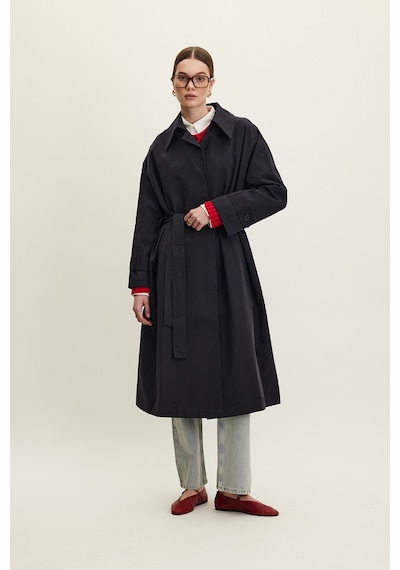 Manuka Kemerli Oversize Gabardin Trençkot Lacivert Lacivert