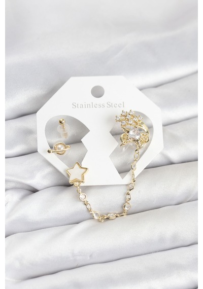 Pirinç Gold Renk Yıldız Model Zincir Bağlantılı Ear Cuff Küpe Seti