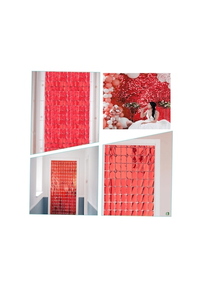 Ekstra - 903 - Metalize Kırmızı Renk Disko Dikdörtgen Kesim Kapı Perdesi Dekorasyon - Edntrend - 1x2 Metre Tüm Yaşlar